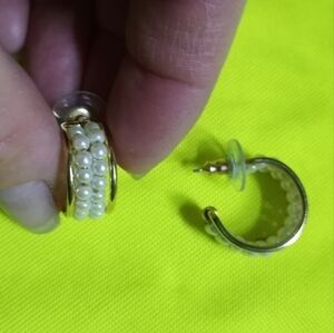 Goldtone faux pearl beaded half hoop post earrings